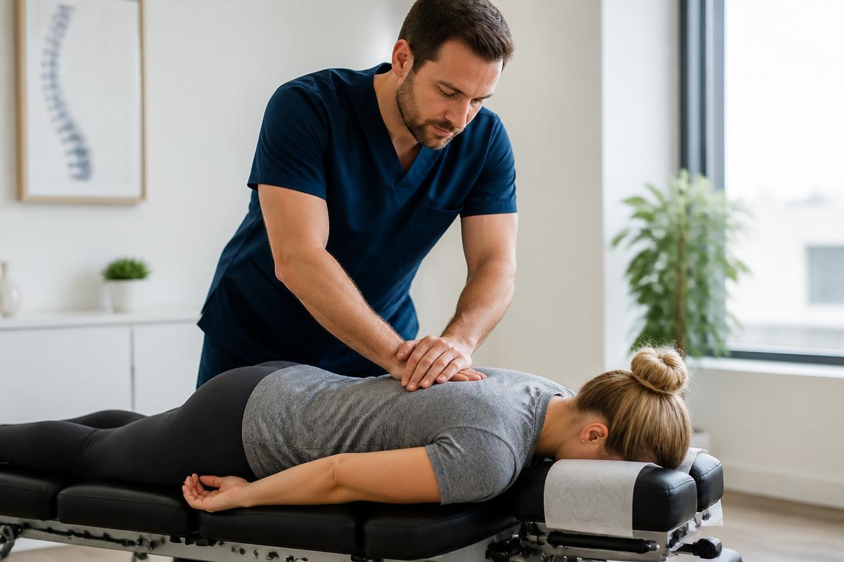 Chiropractor performing a spinal adjustment on a patient recovering from a car accident injury