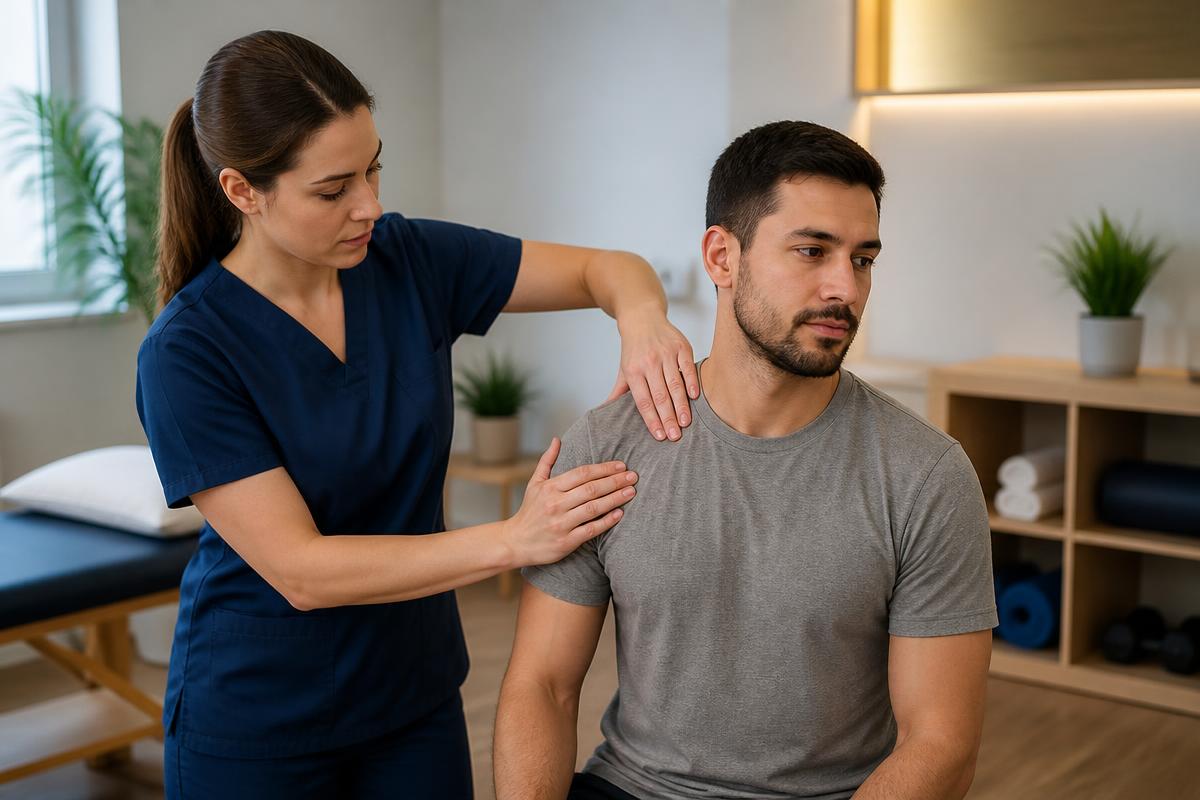 Therapist assessing a patient's shoulder and upper back during accident injury recovery care