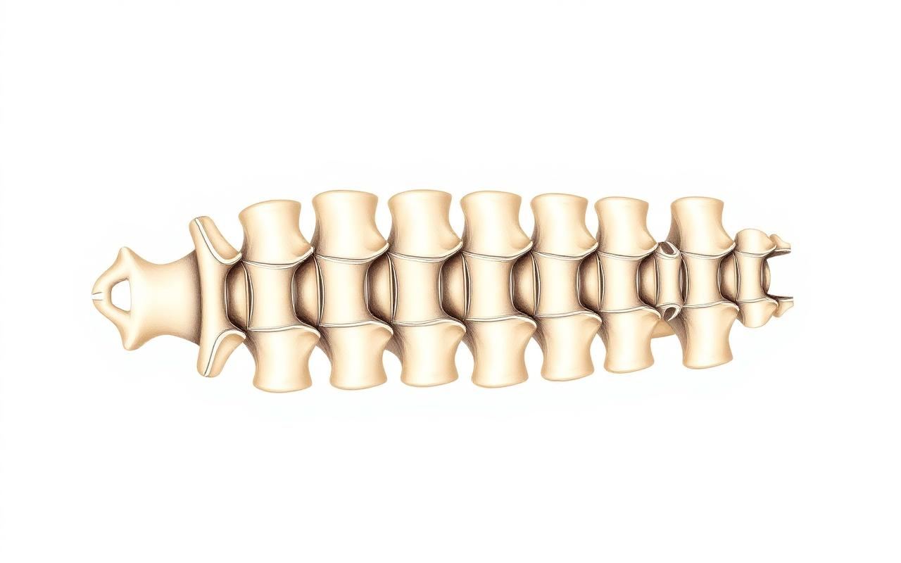 Anatomical illustration of a spinal column showing vertebrae and discs