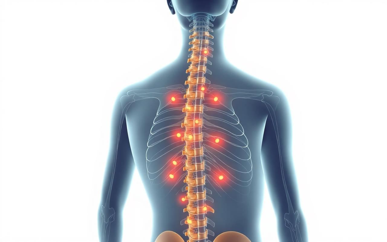 Anatomical illustration of human spine highlighting vertebrae and nerve pressure points