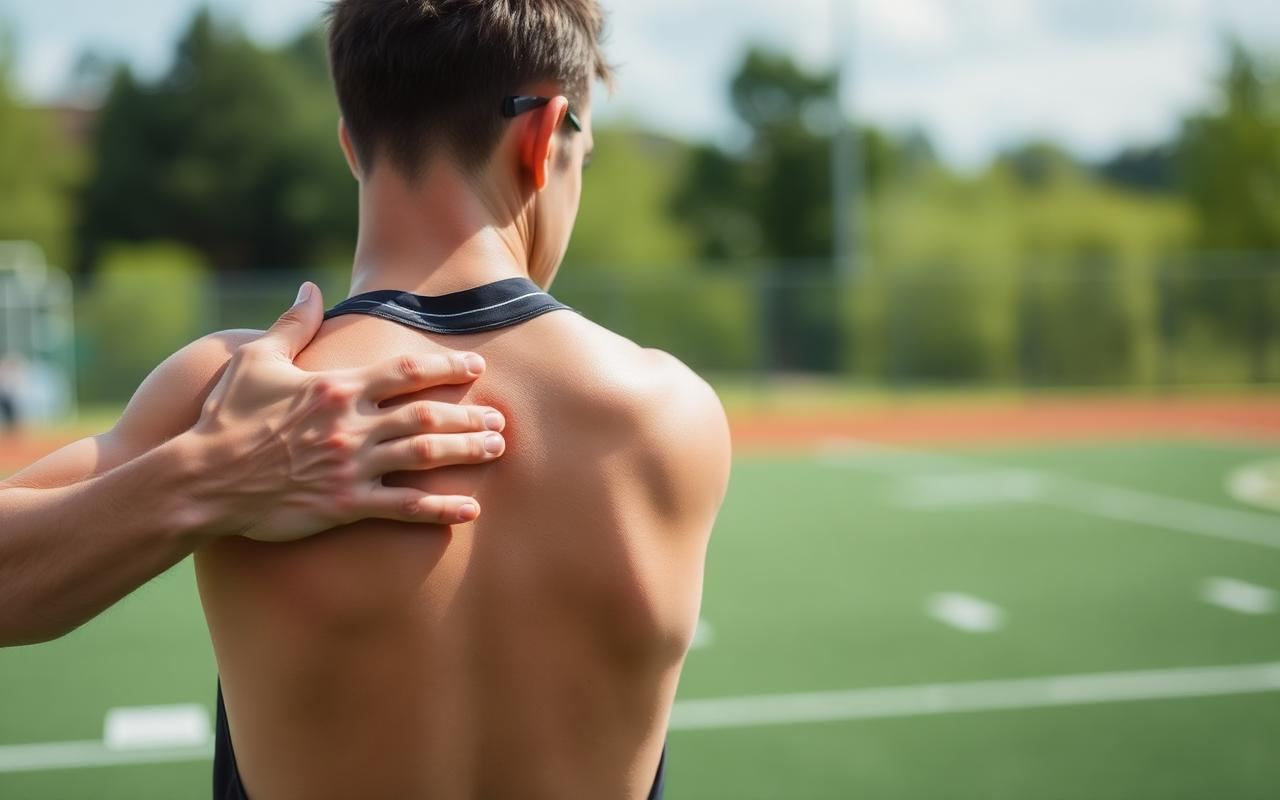 Athlete holding their shoulder in pain after a sports injury on the field