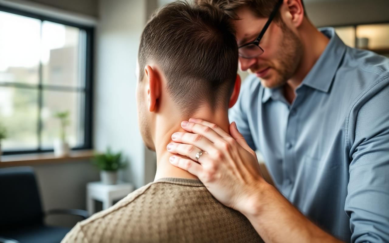 Chiropractor performing a gentle cervical neck adjustment to treat whiplash