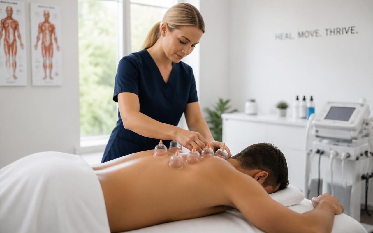 Practitioner performing cupping therapy on a patient's upper back and shoulders in a bright modern Pottsville, PA clinic