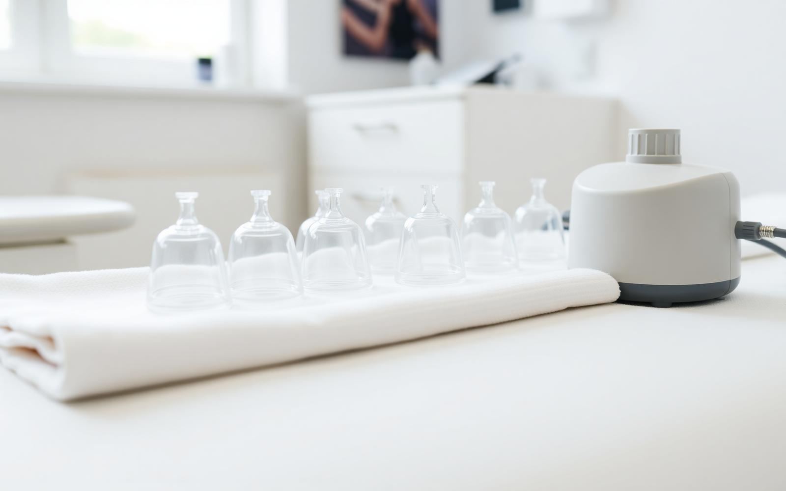 Clear silicone cupping therapy cups arranged on a clean white towel next to a manual suction pump in a modern Pottsville clinic