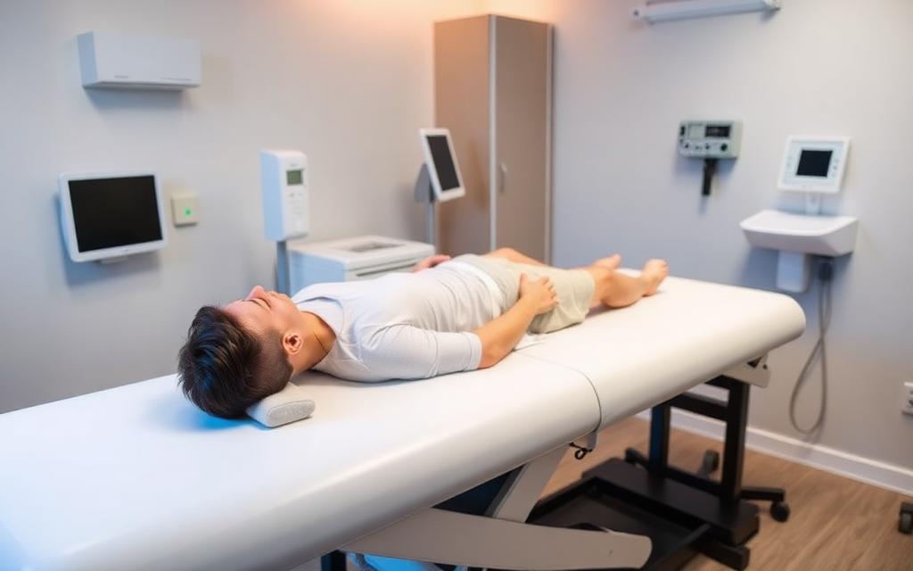 Patient receiving spinal decompression therapy on a modern decompression table in a professional clinic