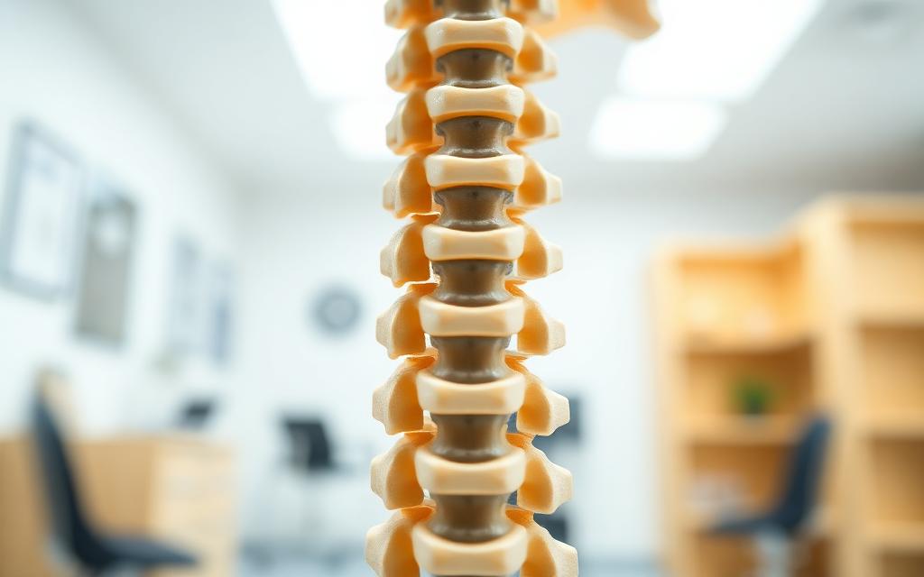 Anatomical spine model showing vertebrae and spinal discs in a medical office