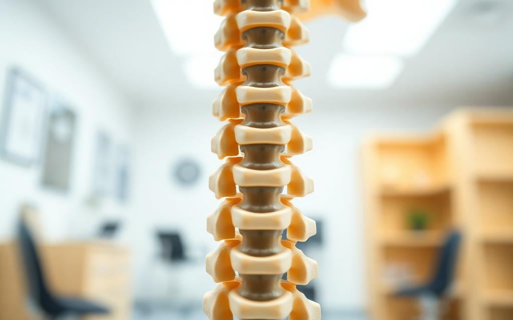 Anatomical spine model showing vertebrae and spinal discs in a medical office