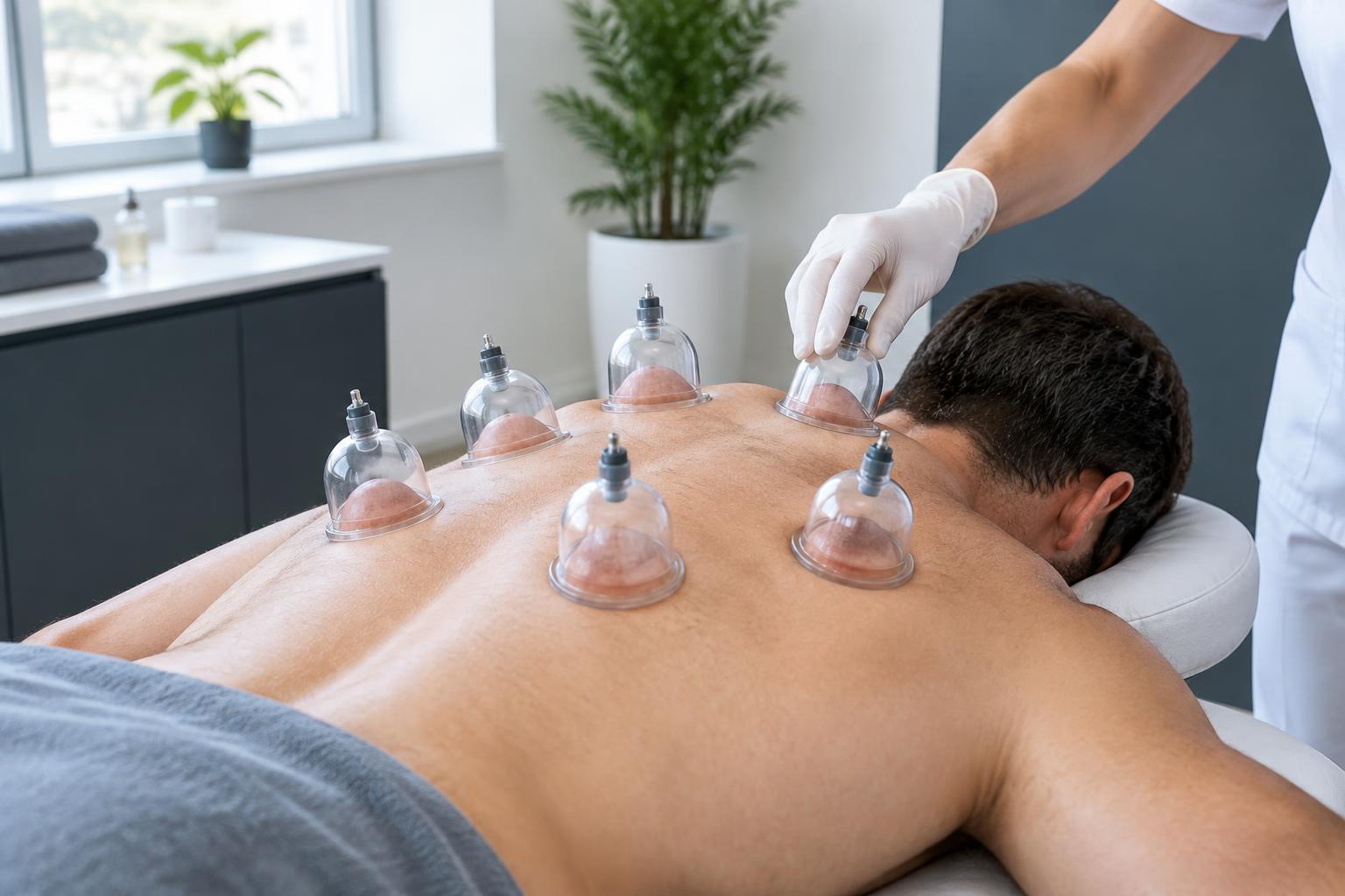 Practitioner placing clear silicone dry cupping cups on a patient's upper back in a bright treatment room