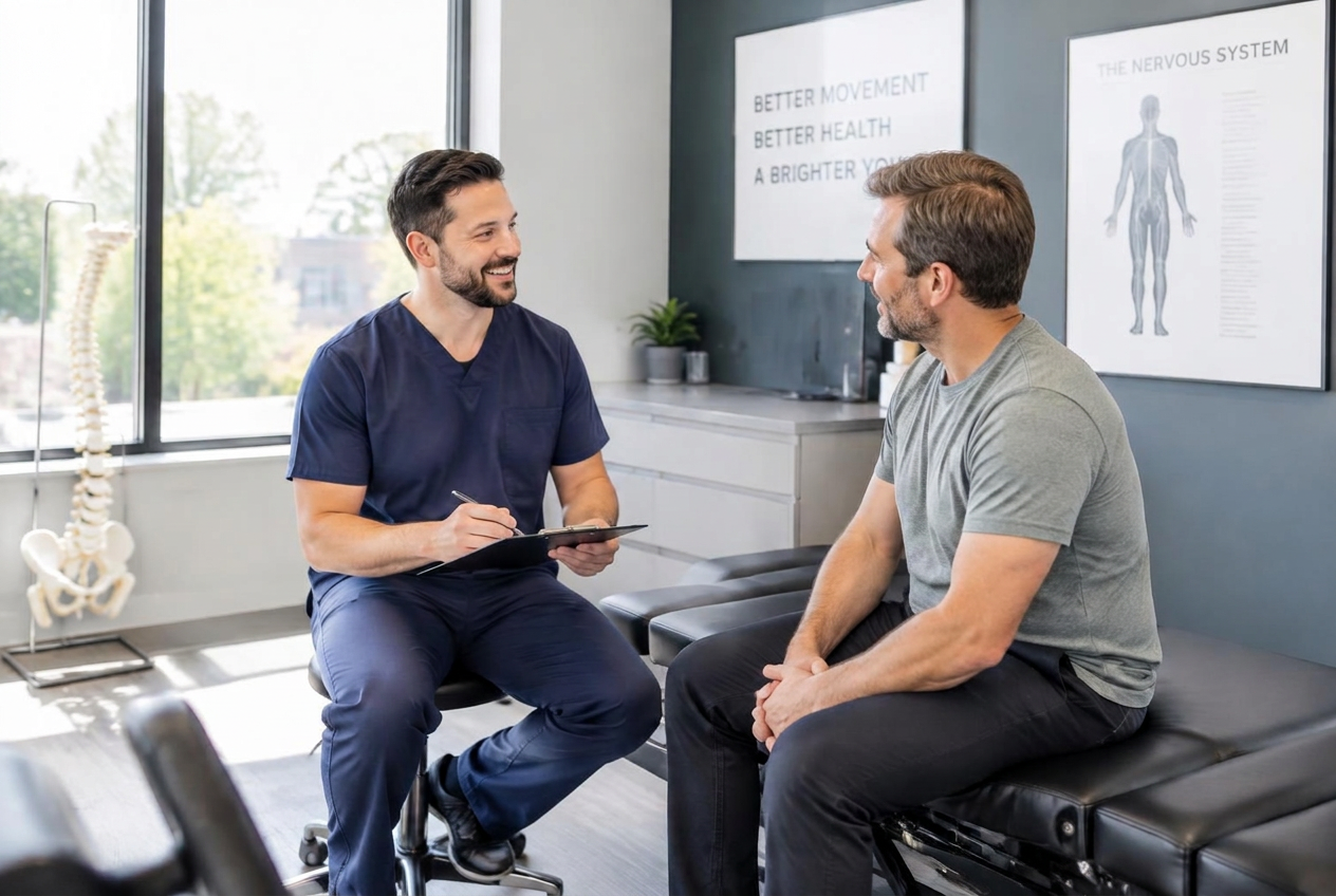 Chiropractor in navy scrubs talking with a new patient seated on a treatment table during a first consultation in a bright clinic