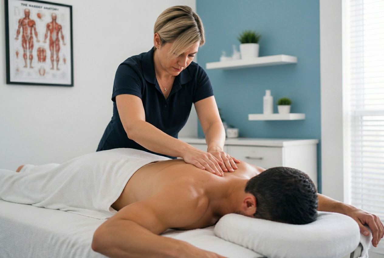 Licensed massage therapist performing therapeutic massage on a patient's upper back in a modern Pottsville, PA clinic
