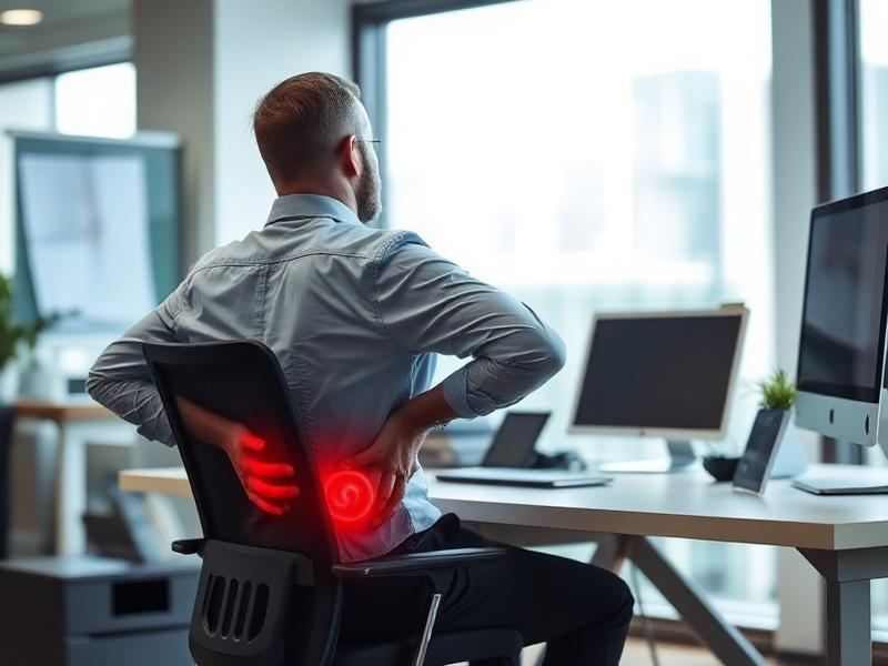 Person experiencing back pain from poor posture at a desk