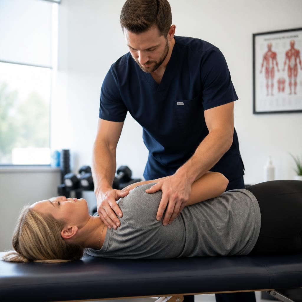 Close-up of a physical therapist's hands performing manual therapy on a patient's shoulder in a Pottsville clinic