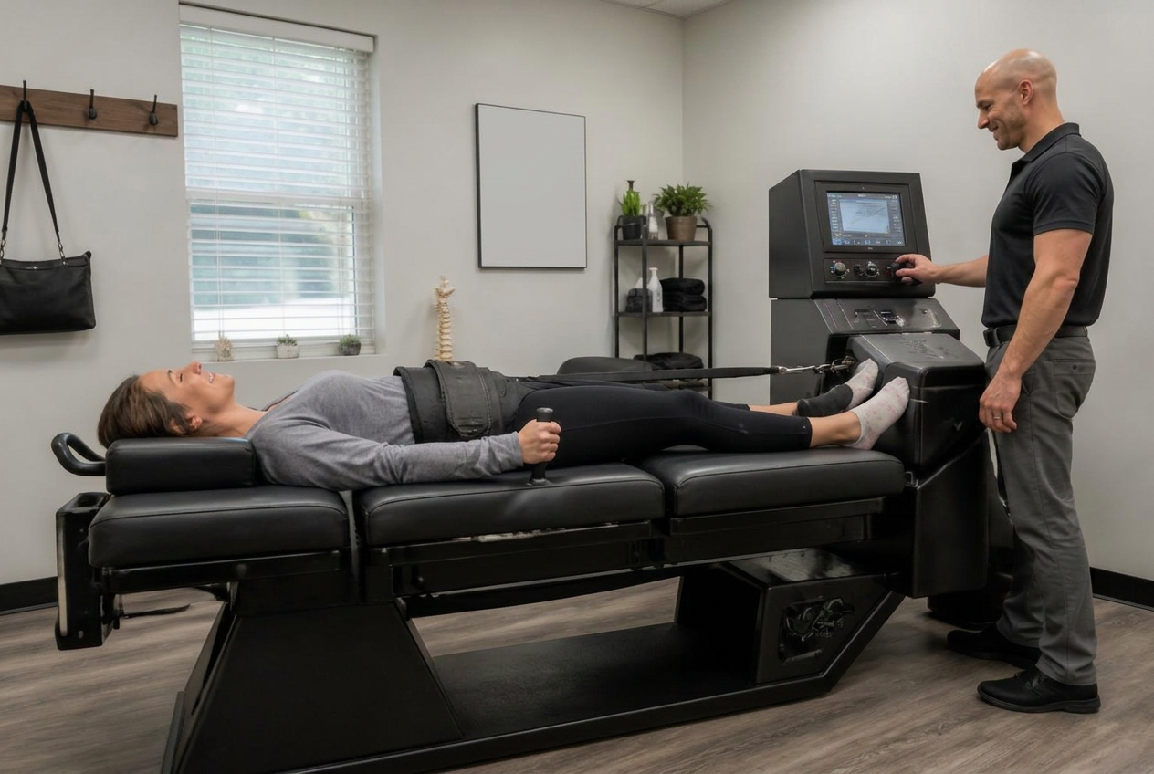 Patient receiving spinal decompression therapy on a traction table at a Pottsville, PA chiropractic clinic