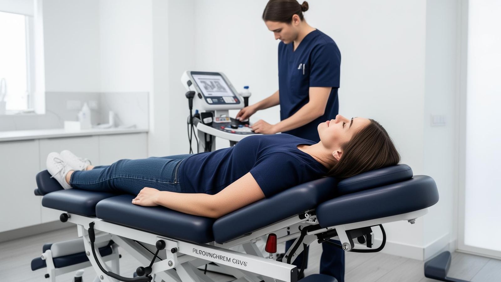 Chiropractor fitting a harness on a patient during a spinal decompression therapy session
