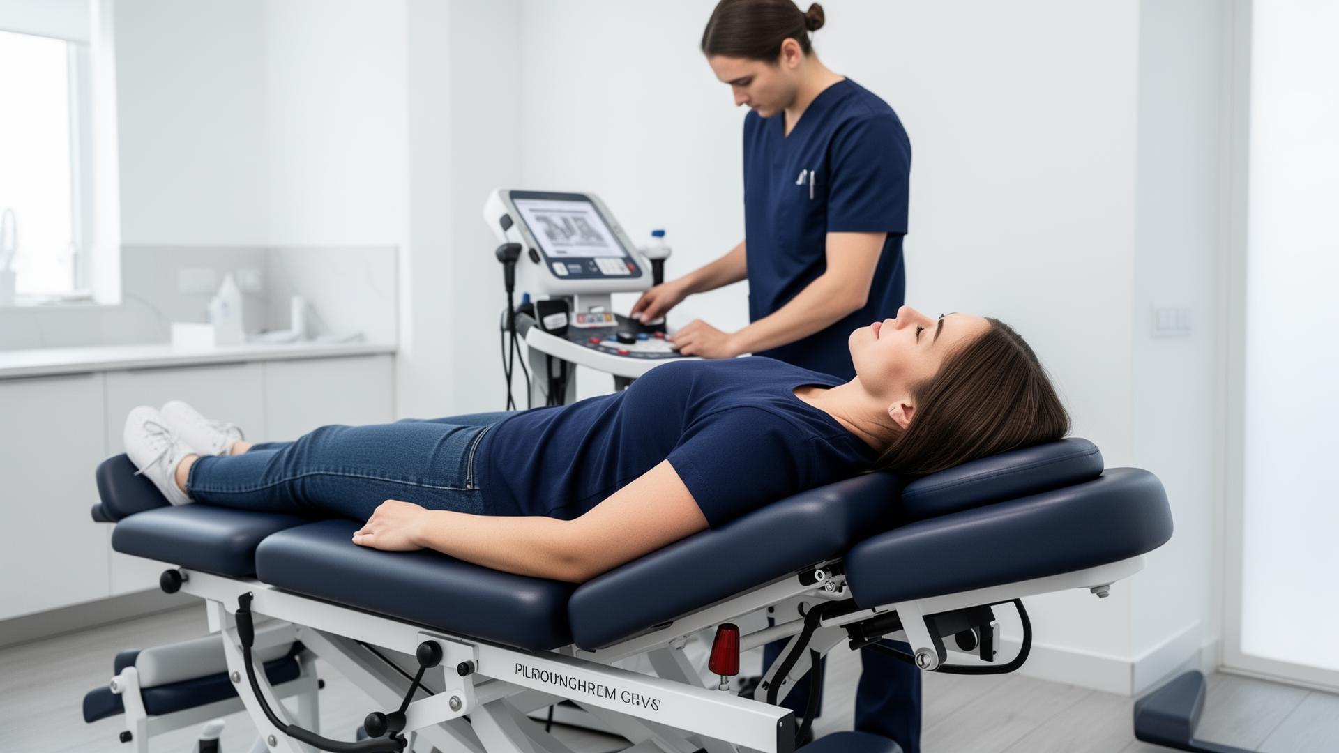 Chiropractor fitting a harness on a patient during a spinal decompression therapy session