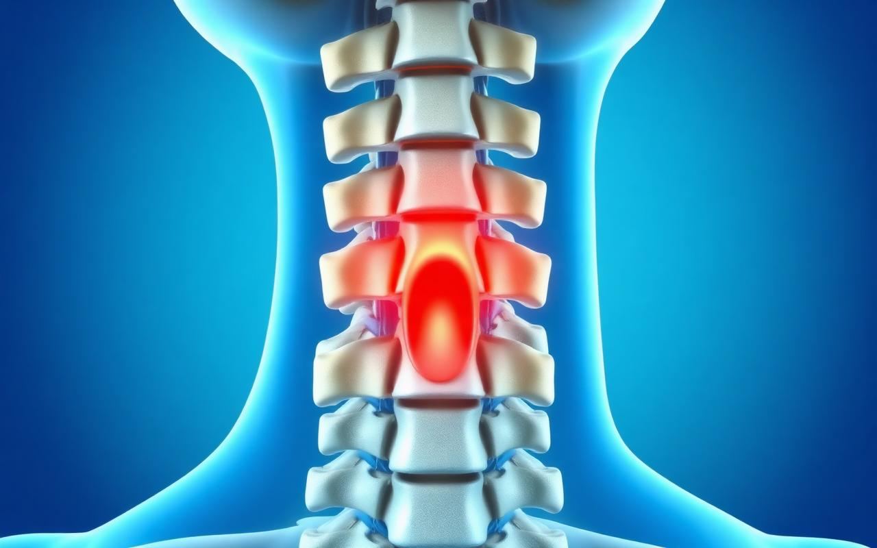 Anatomical illustration of the cervical spine showing spinal canal narrowing and nerve compression