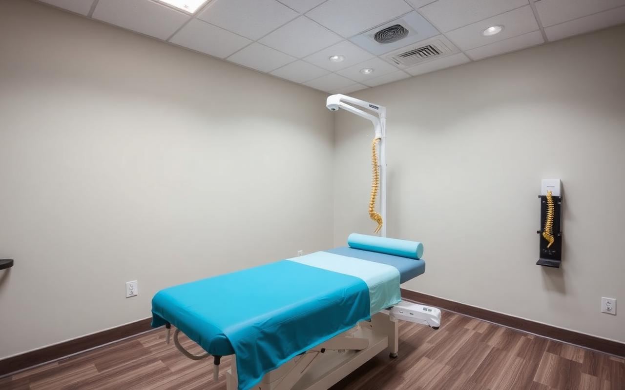 Modern chiropractic treatment room with spinal decompression therapy equipment