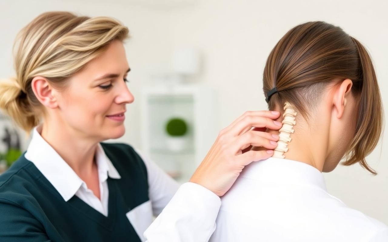 Chiropractor gently examining a patient's cervical spine in a modern Pottsville, PA clinic