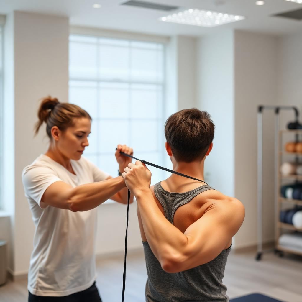 Therapist guiding a patient through controlled shoulder rehabilitation with a resistance band in a modern clinic