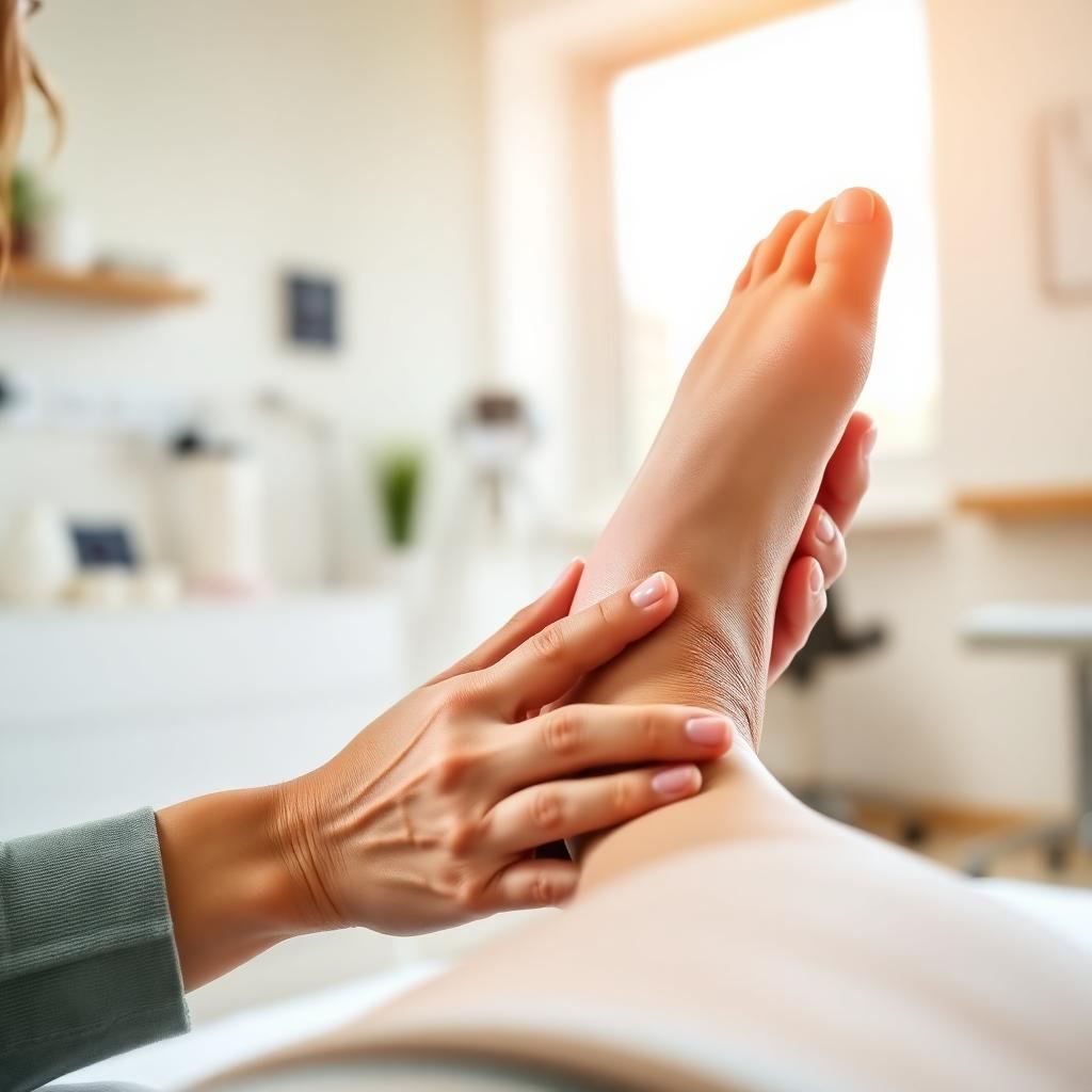 Close-up of a therapist's hands applying gentle soft tissue therapy to a patient's ankle in a bright clinic