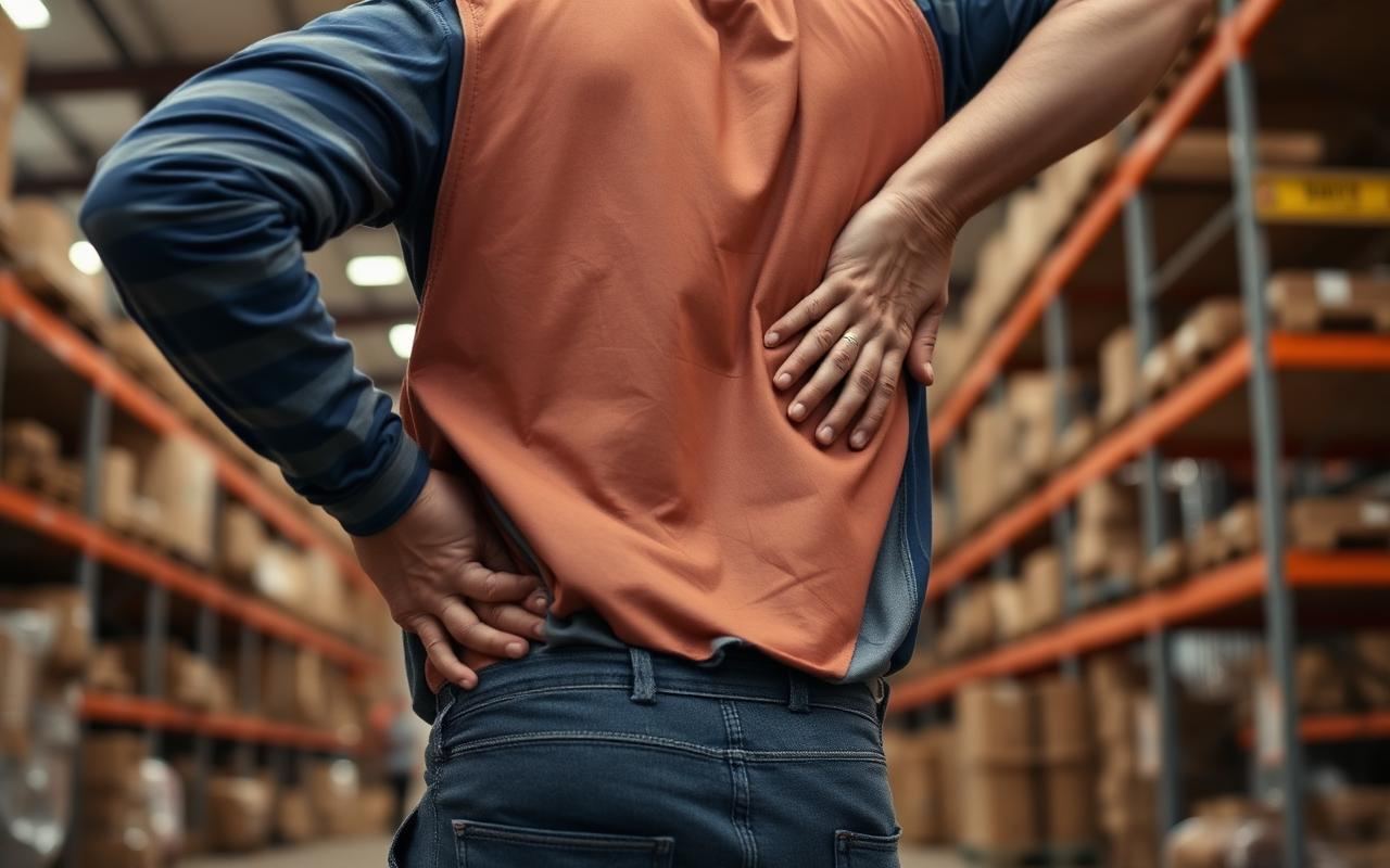 Warehouse worker holding lower back in pain after a workplace injury