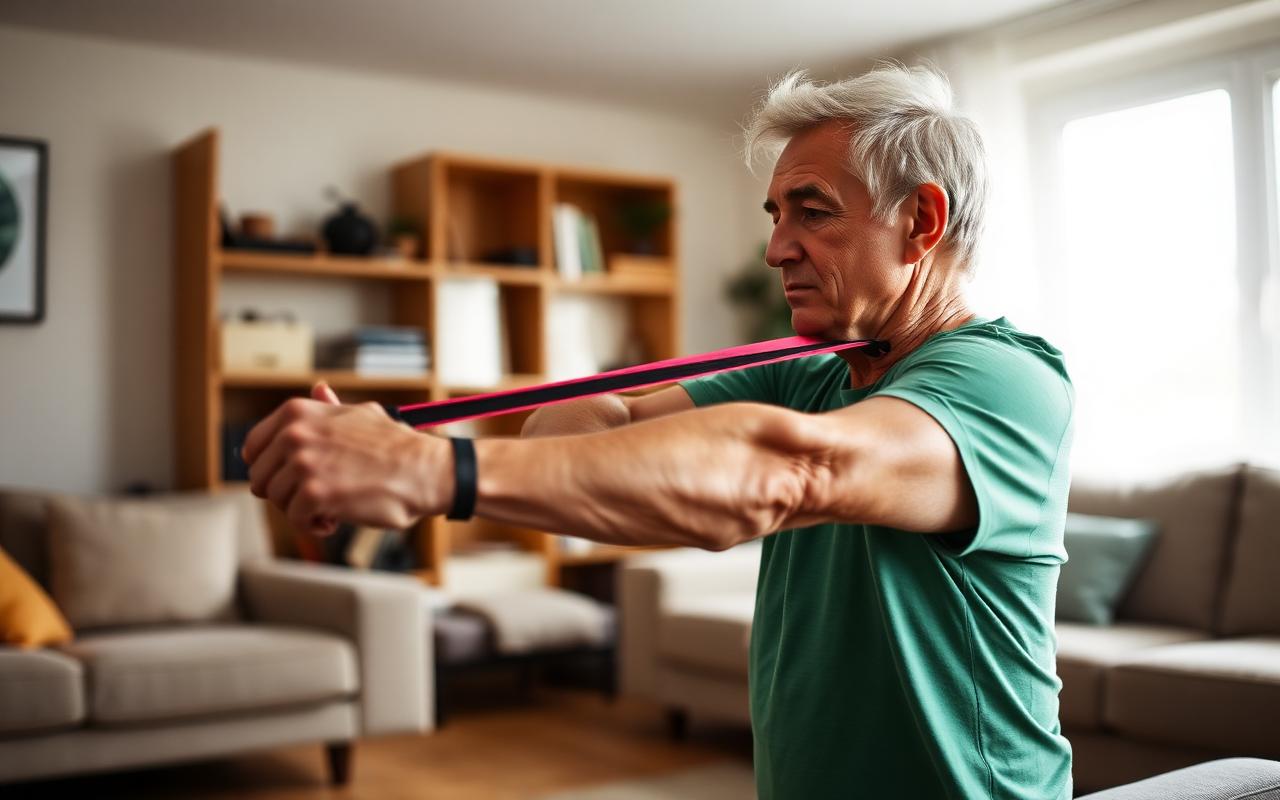 Patient performing prescribed rehabilitation exercises with a resistance band at home