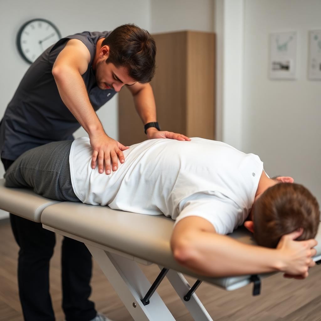 Chiropractor performing a gentle spinal adjustment on the lower back of an injured worker in a Pottsville, PA clinic