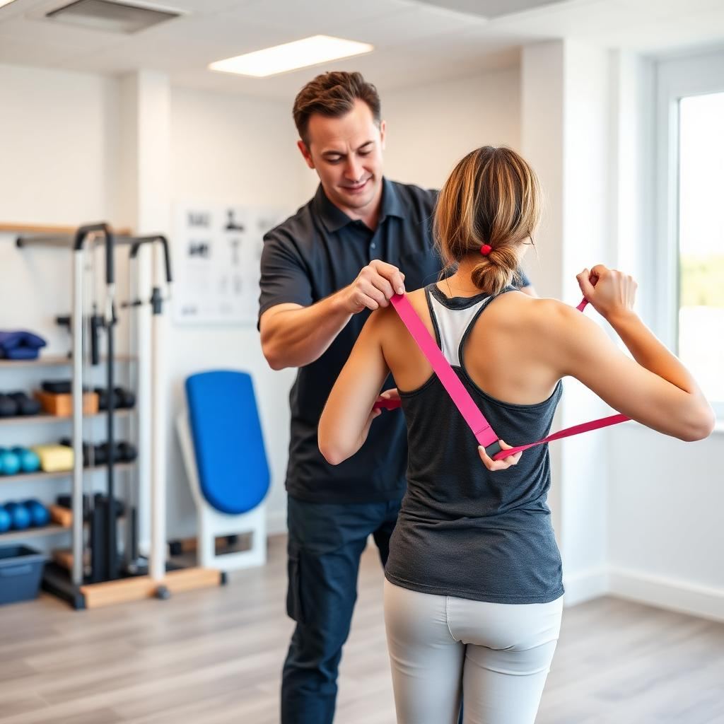 Therapist guiding an injured worker through resistance band rehabilitation exercises in a Pottsville chiropractic clinic